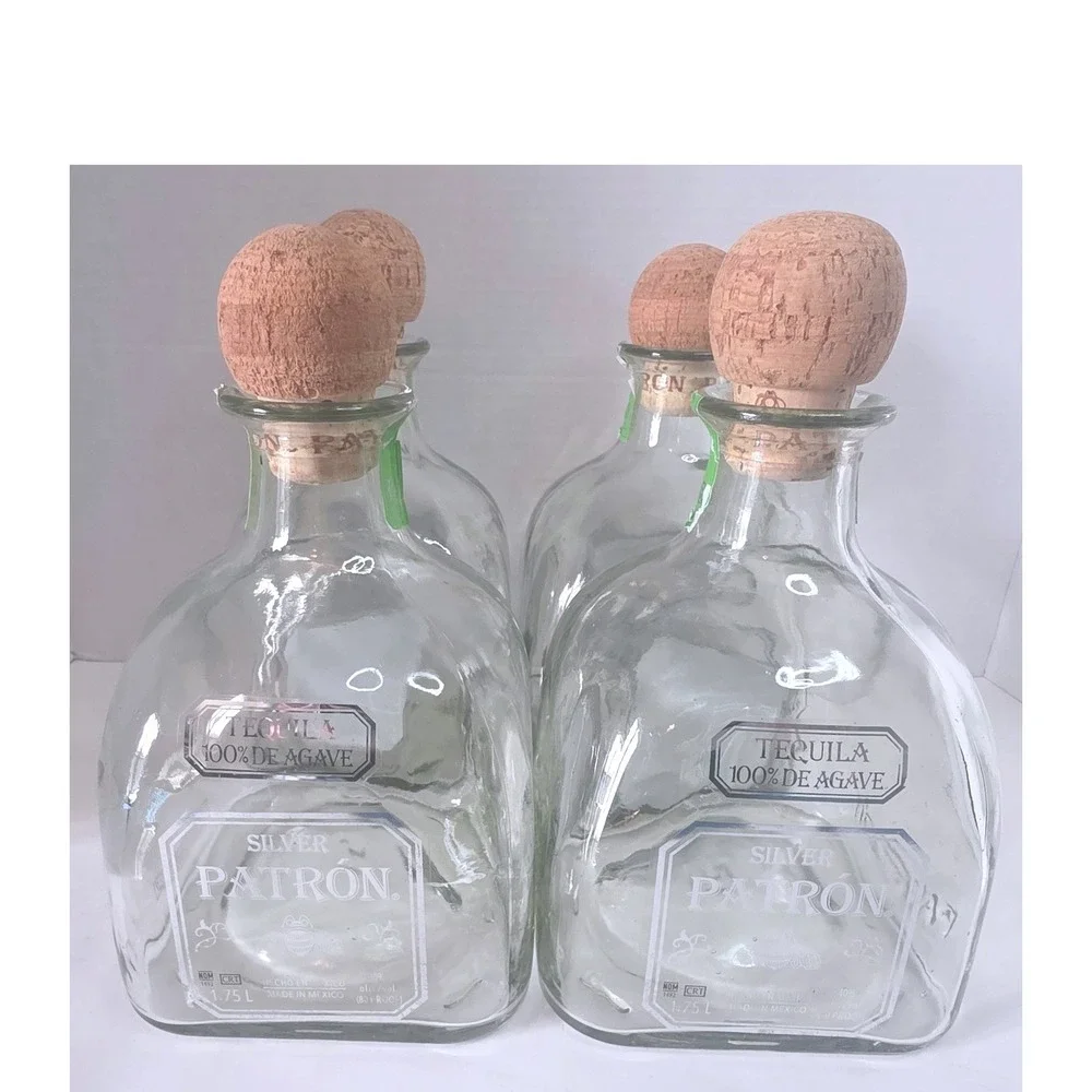 Lot of 4 Patron Silver Tequila Empty Glass Bottles 1.75L with Cork Stoppers